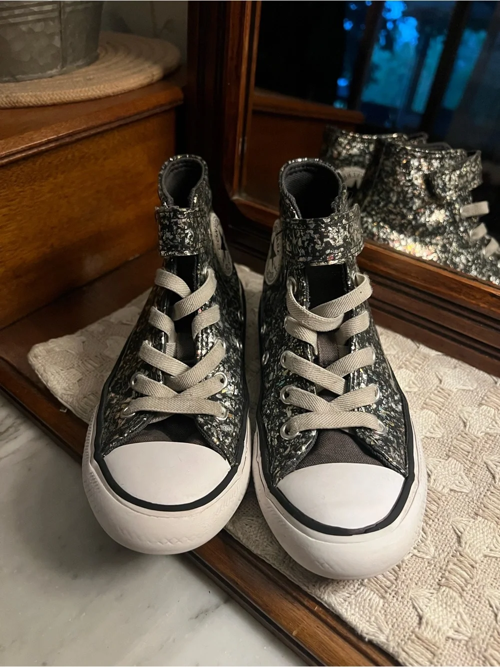 CONVERSE All Star High Top Casual Sneakers Coated Glitter Black Silver Girl's 13
